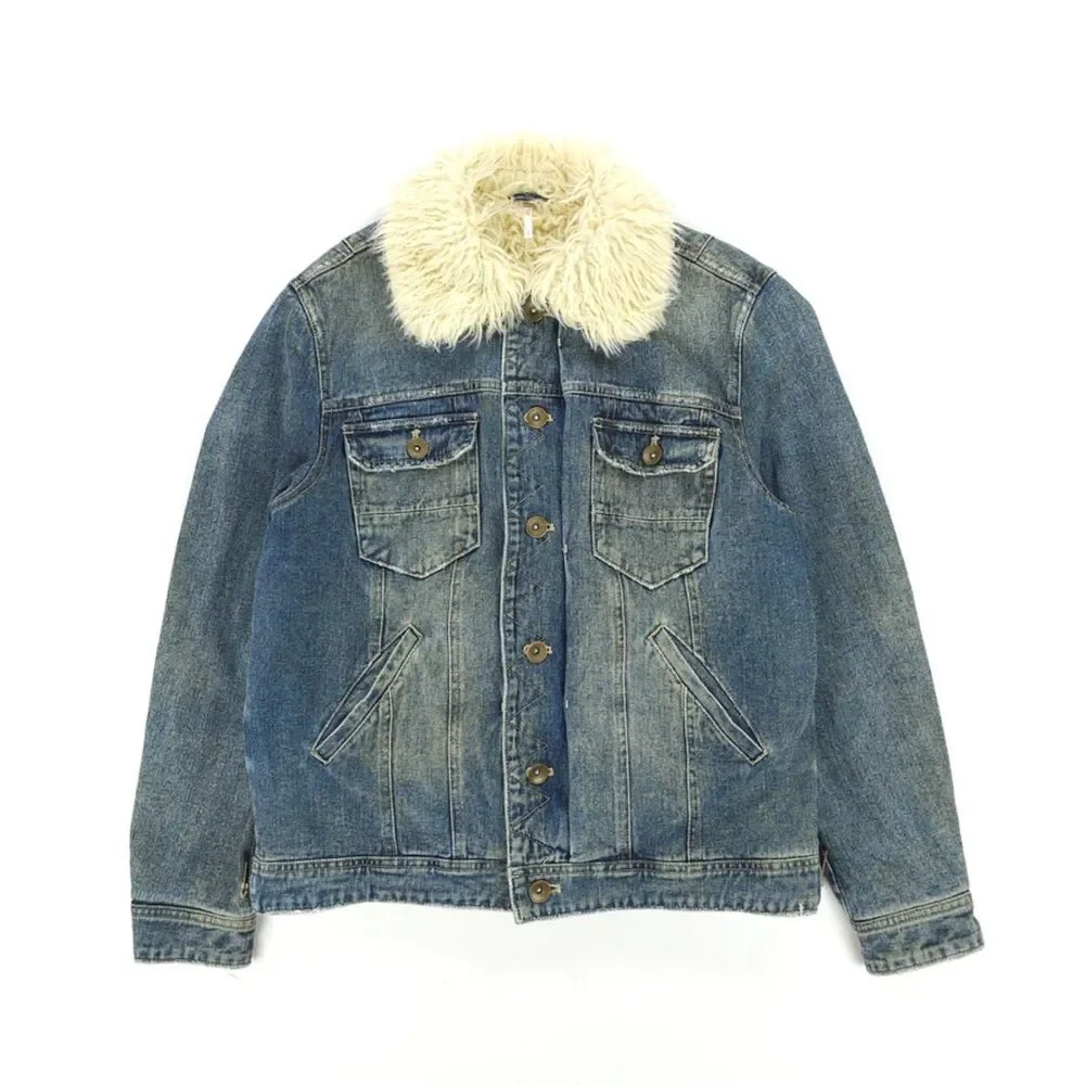 FREE PEOPLE Shaggy Fur Denim Trucker Jacket Festival Boho Indie Downtown Girl - Picture 6 of 13